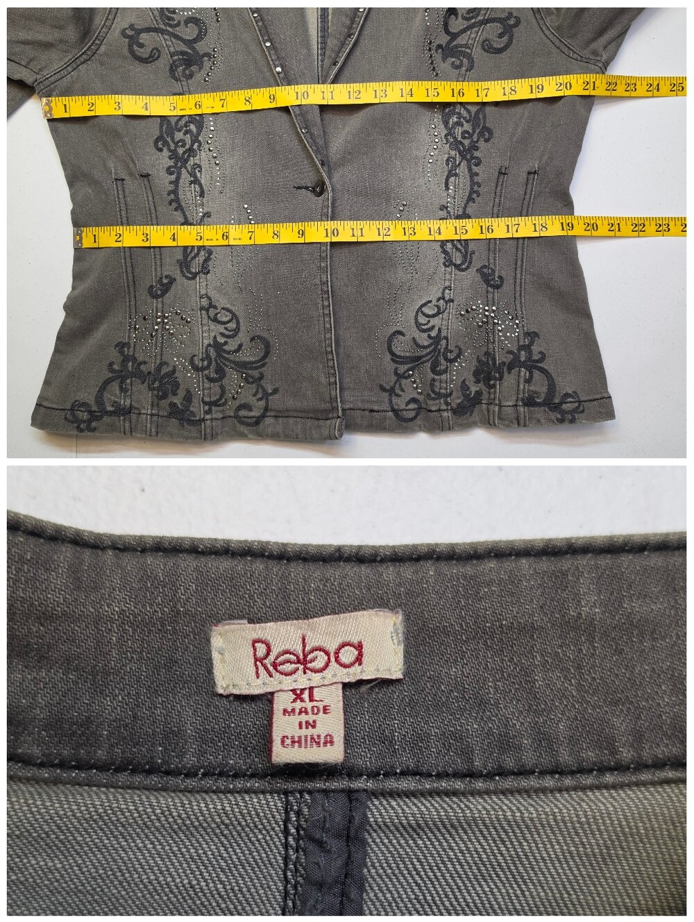 Reba Autumn Edge Embroidered Studded Gray Black Wash Stretch Denim Jean Jacket - Picture 11 of 11